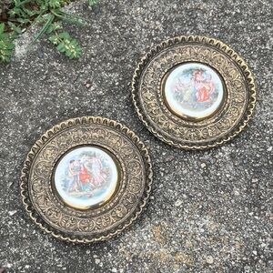 Pair Sungott Art Studios NY Small Edwardian Hanging Metal Plates 24k Gold Detail